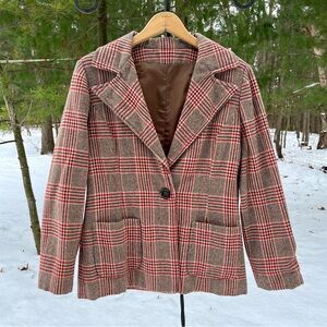 60s Handmade Wool Plaid Blazer Jacket Retro Cottagecore Academia